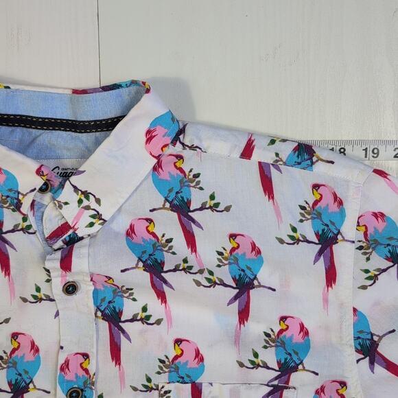 Craft+Flow Voyage Shirt Men’s L White Tropical Parrot Print Button Front Casual - Picture 5 of 12